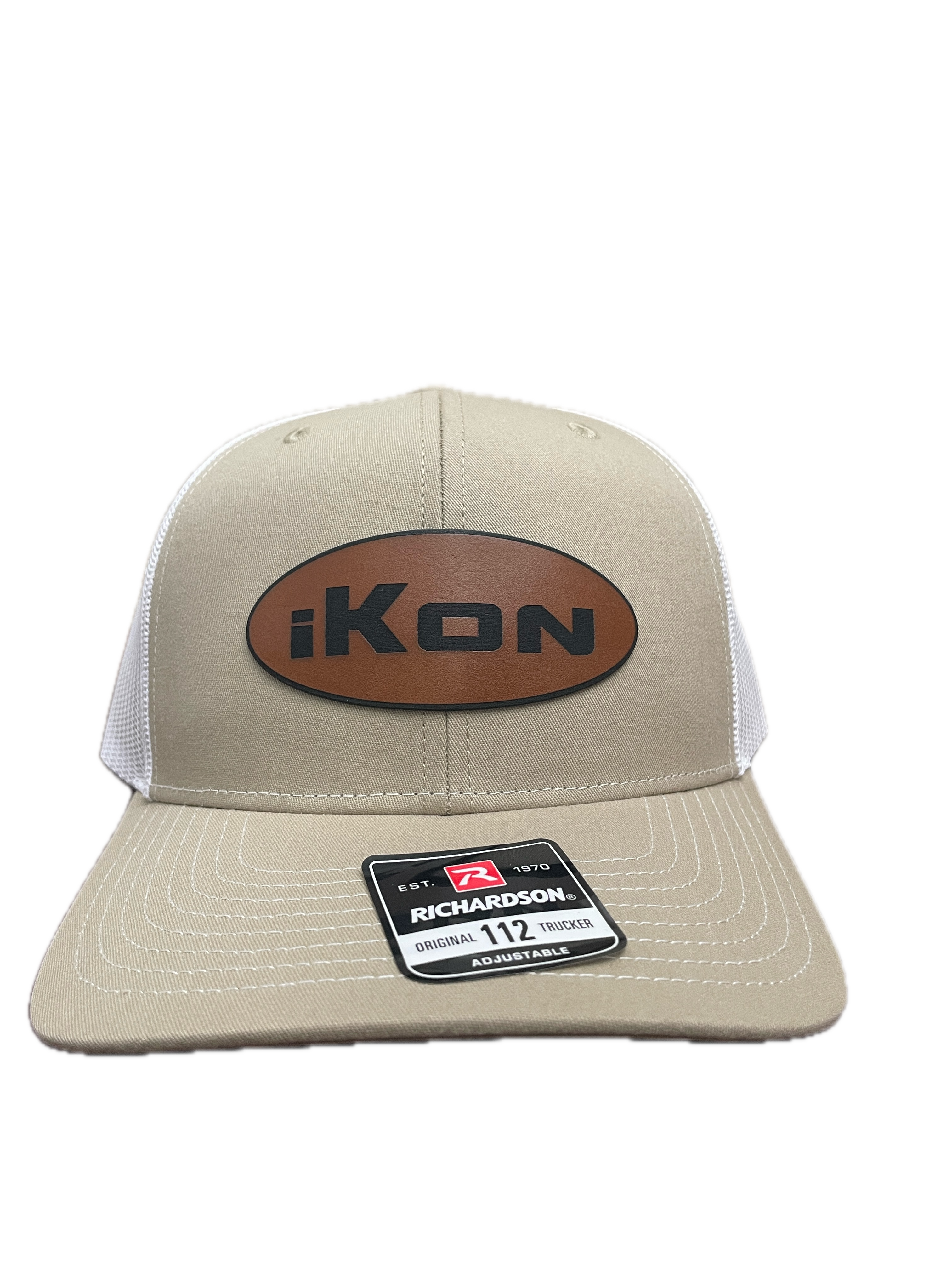 iKon khaki Richardson 112 close-up — leather oval patch detail